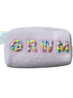 Pink Plush Cosmetic Pouch with Rainbow Lettering